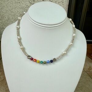 Hand Crafted Rainbow Row of Faceted Beads & Freshwater Pearls Necklace